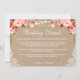 Carte Mariage Lights Dentelle Corail Détails Kraft Inser