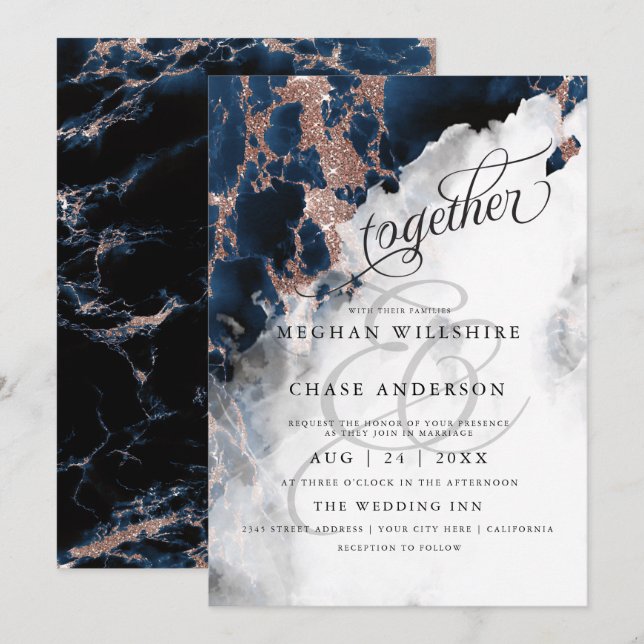 Carte MARIAGE | Marine Blue Rose Gold Geode Aquarelle (Devant / Derrière)