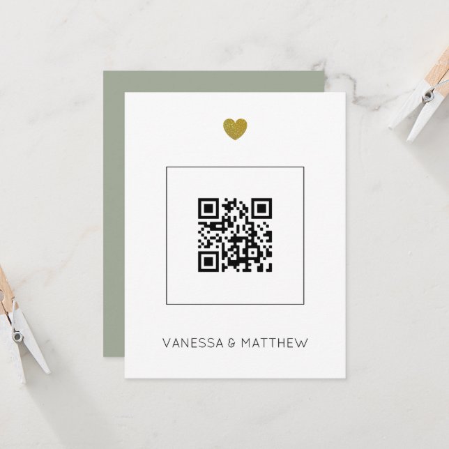 Carte Mariage moderne à budget limité avec code QR Sage  (Devant/Arrière en situation)