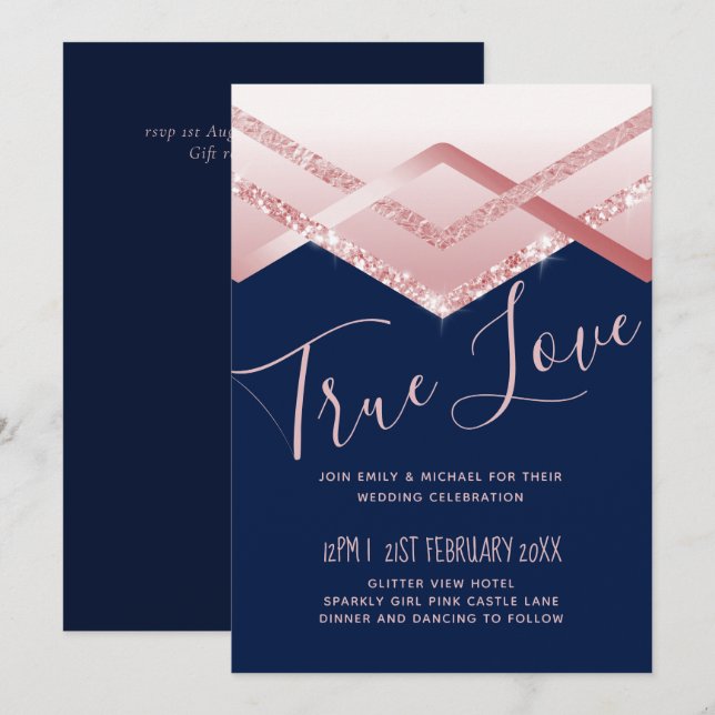 Carte Mariage Navy Look Foil Art déco Rose Gold Budget (Devant / Derrière)