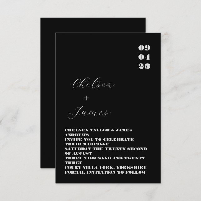 Carte Mariage noir classique minimal (Devant / Derrière)