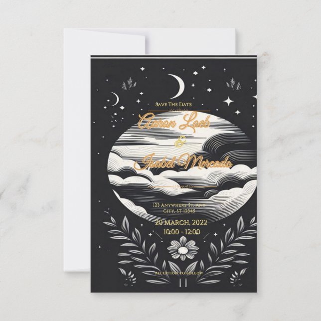 Carte mariage noir et blanc étoiles de lune (Devant)