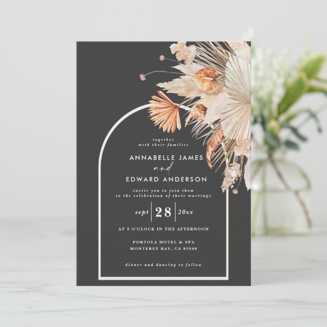 Carte Mariage noir pampas botanique herbe élégant (Debout devant)