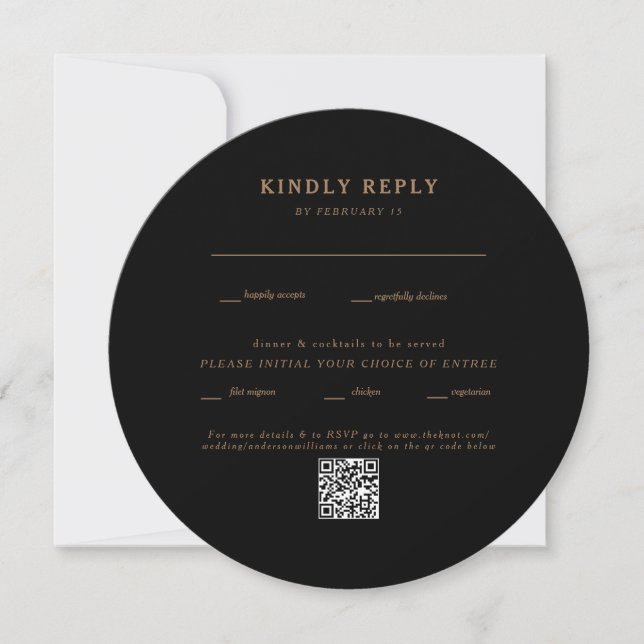 Carte Mariage noir rond moderne QR Code RSVP (Devant)