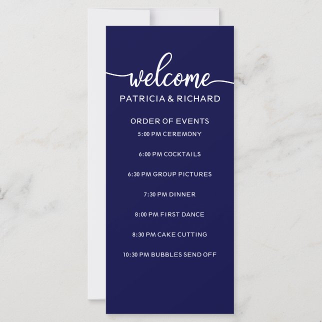 Carte Mariage Ordre des événements Chic Navy Bleu et Bla (Devant)