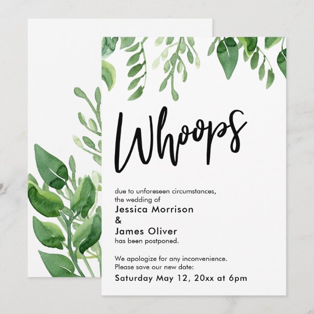 Carte Mariage Oups ajourée Watercolor Greenery (Devant / Derrière)