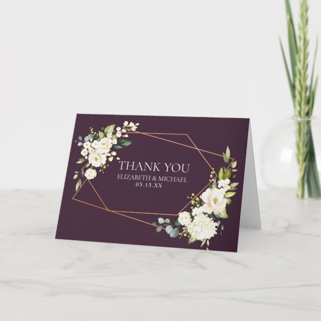 Carte Mariage photo en cuivre géométrique Plum blanc (Devant)