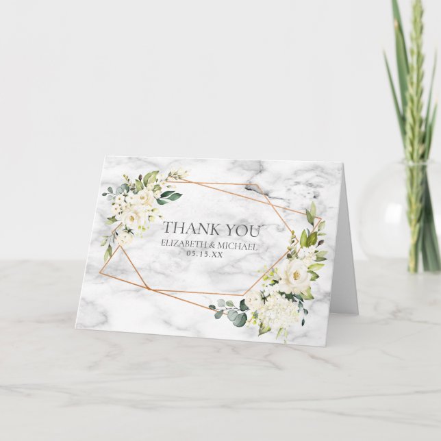 Carte Mariage photo en cuivre marbre géométrique blanc (Devant)