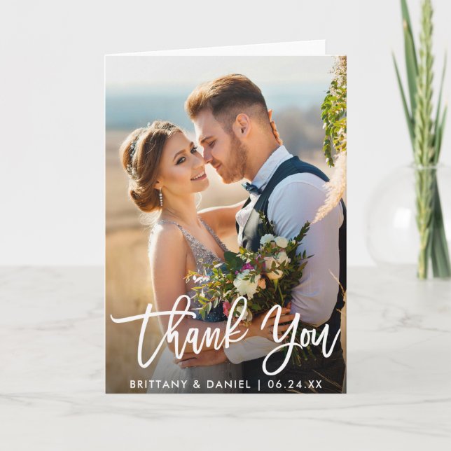 Carte Mariage Photo Moderne Brosse Script Plier Merci W (Devant)