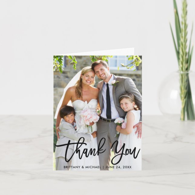 Carte Mariage Photo Moderne Brush Script Merci Note (Devant)
