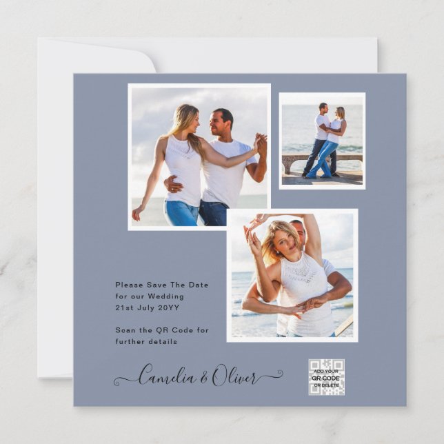 Carte Mariage PHOTO moderne Inviter QR CODE RSVP Blue (Devant)