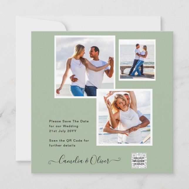 Carte Mariage PHOTO moderne Inviter QR CODE Rsvp Green (Devant)