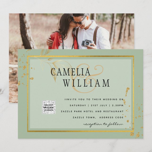 Carte Mariage PHOTO moderne Inviter QR CODE Rsvp Green (Devant / Derrière)