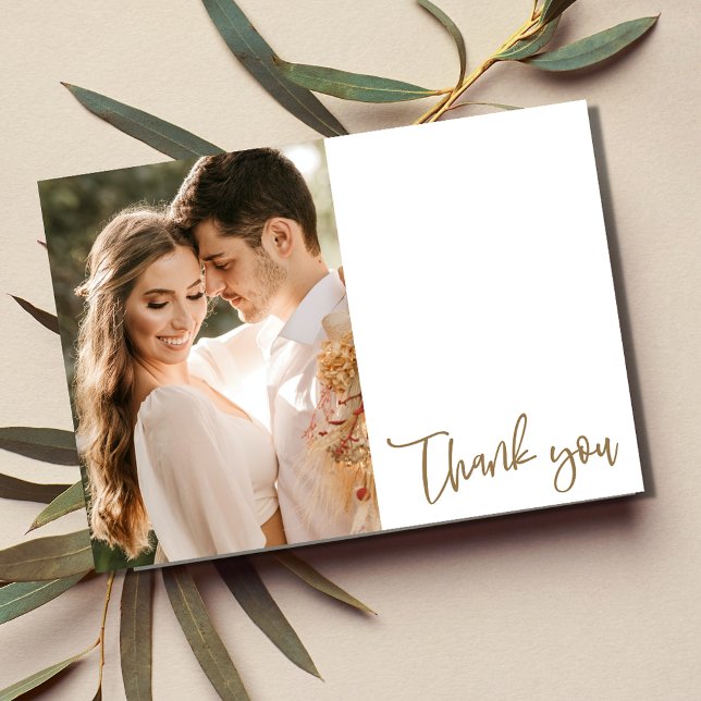 Carte Mariage photo Simple Gold Script (Simple Gold Script Photo Wedding Thank You Card)