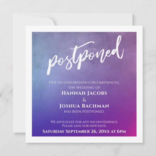 Carte Mariage Postponte violet, rose et bleu Ombre (Devant)