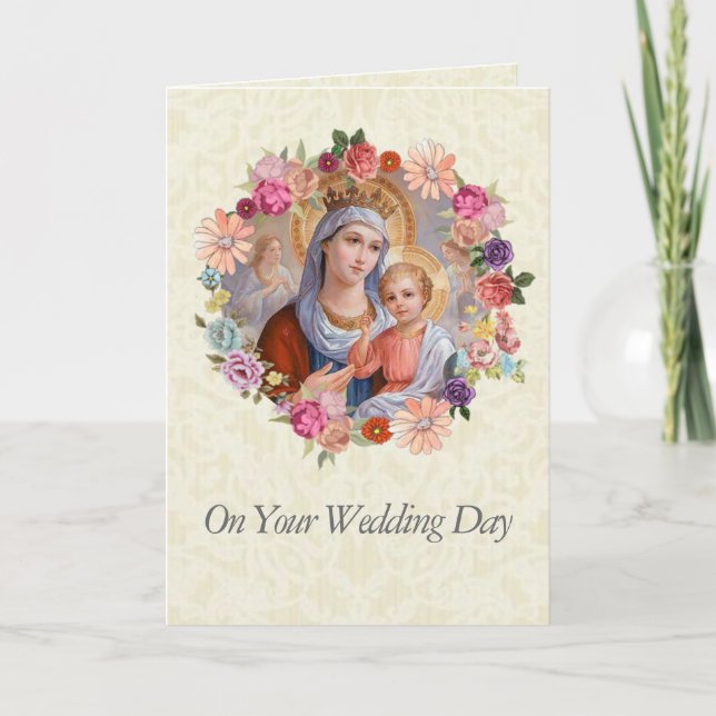 Carte Mariage Reine Marie Fleurs Jésus Anges (Devant)