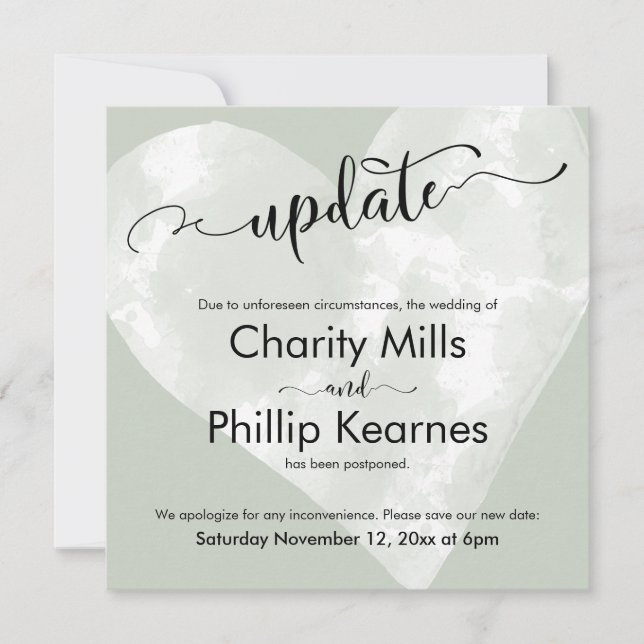 Carte Mariage reportée Heart on Sage Green Update (Devant)