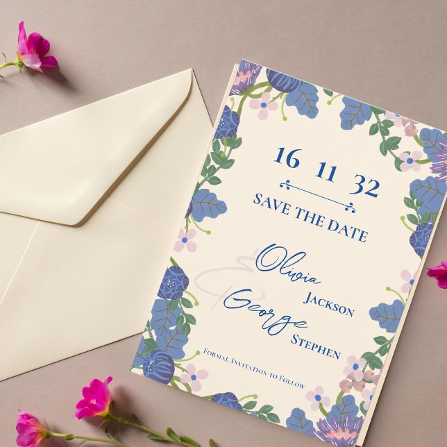 Carte Mariage romantique violet bleu floral Enregistrer  (Purple Blue Floral Romantic Wedding Save the Date)