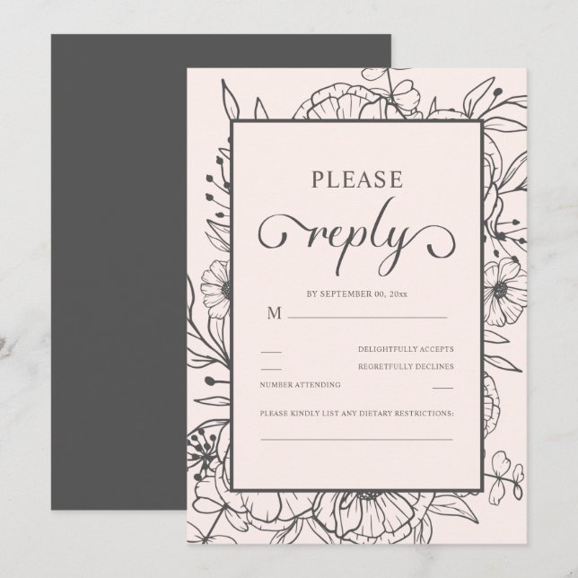 Carte Mariage rose chic floral esquissé RSVP (Devant / Derrière)