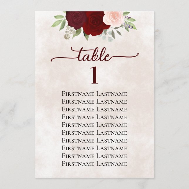 Carte Mariage rose rouge et rose, tableau de sièges Numé (Devant)