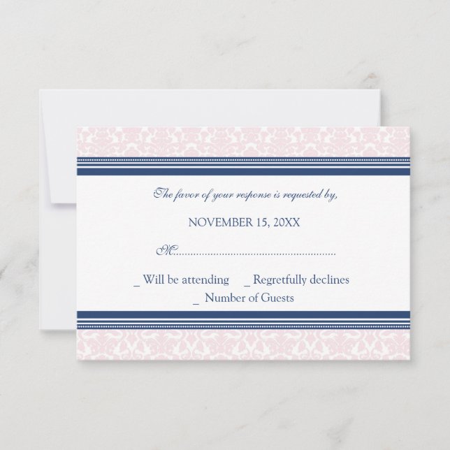 Carte Mariage RSVP Blue Blush Damask (Devant)