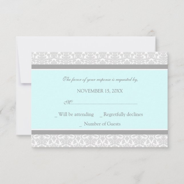 Carte Mariage RSVP Blue Grey Damask (Devant)