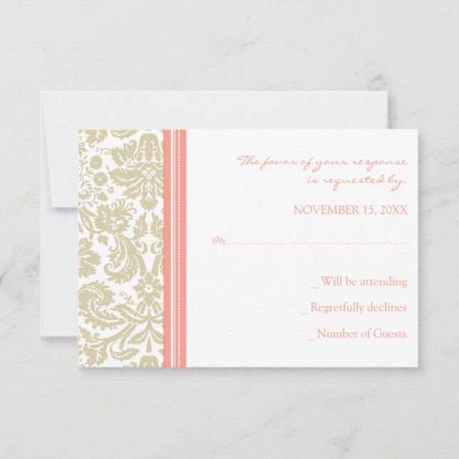 Carte Mariage RSVP Coral Beige Damask (Devant)