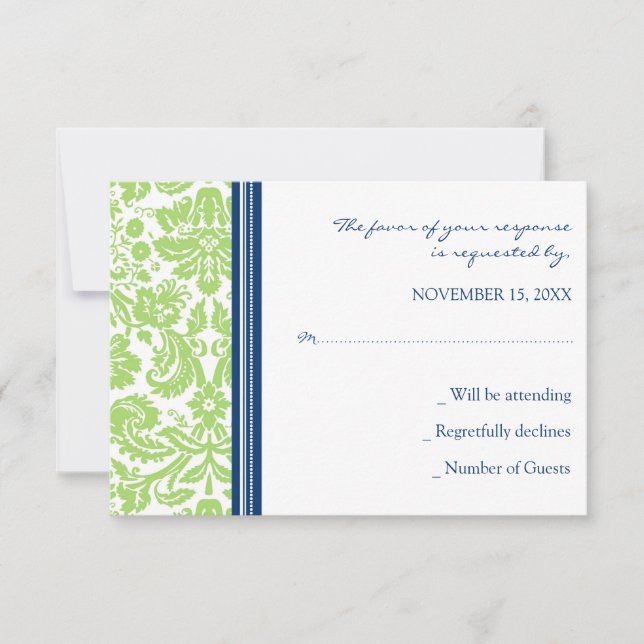 Carte Mariage RSVP Lime Blue Damask (Devant)