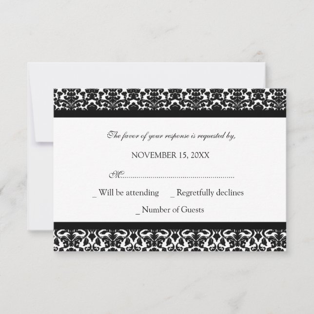 Carte Mariage RSVP noir blanc Damask (Devant)