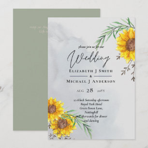 Carte Mariage rustique aux feuilles d'olive et tournesol
