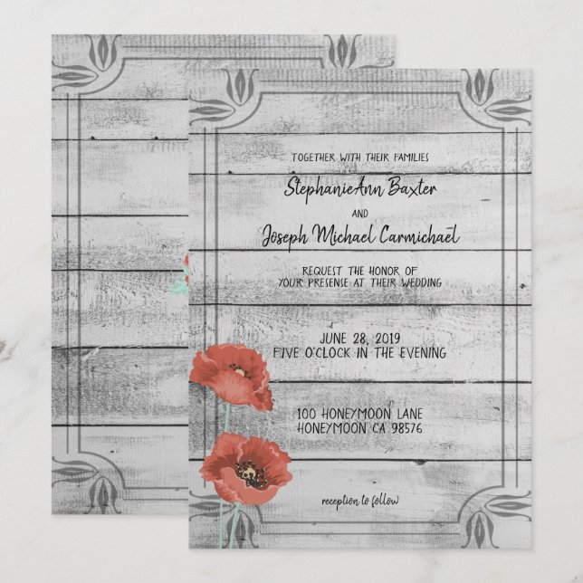 Carte Mariage Rustique Blanc Pavot Fleurs (Devant / Derrière)