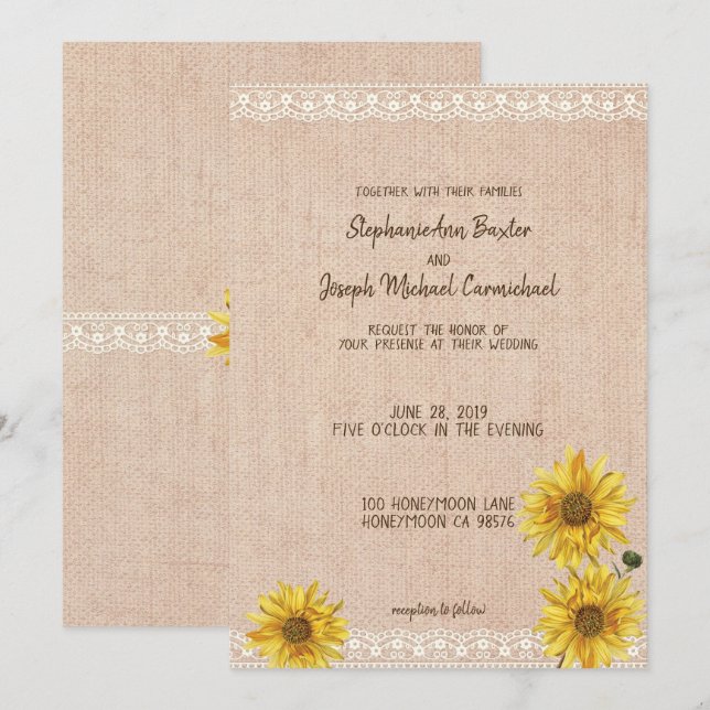 Carte Mariage Rustique Lace & Burlap Sunflowers (Devant / Derrière)