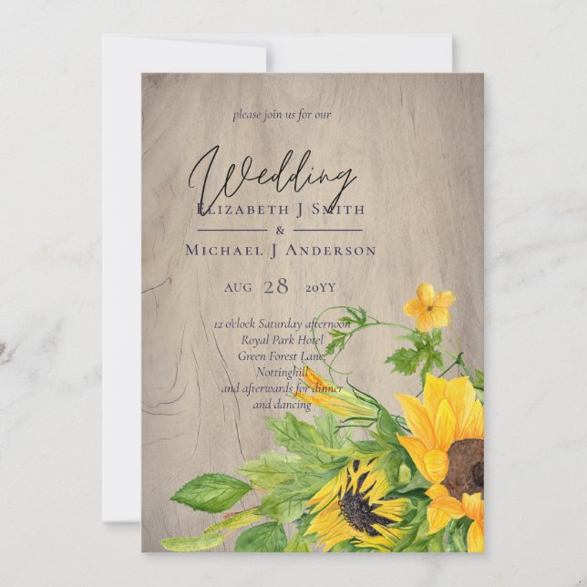 Carte Mariage rustique Tournesol (Devant)