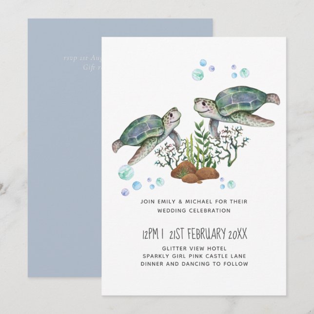 Carte Mariage sur la plage des tortues de mer (Devant / Derrière)