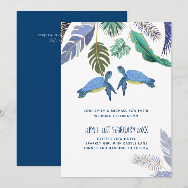 Carte Mariage Tortues Marines Bleu Jaune (Devant / Derrière)