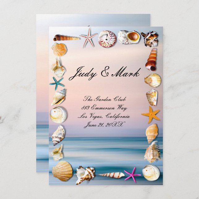 Carte Mariage Tropical Sandy Beach & Seashells (Devant / Derrière)