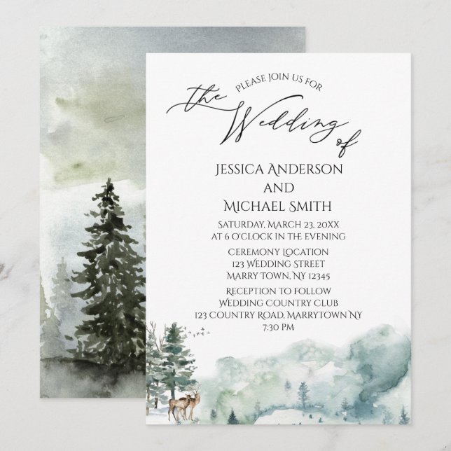 Carte Mariage Watercolor Woodland Forest (Devant / Derrière)
