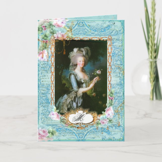 Carte Marie Antoinette aux roses roses roses et dentelle (Devant)