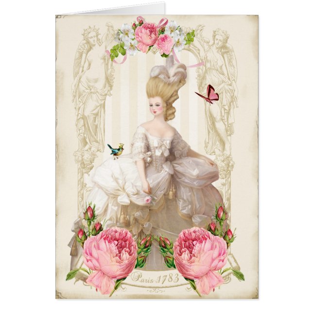 Carte Marie Antoinette Robe Blanche & Roses Rose (Devant)