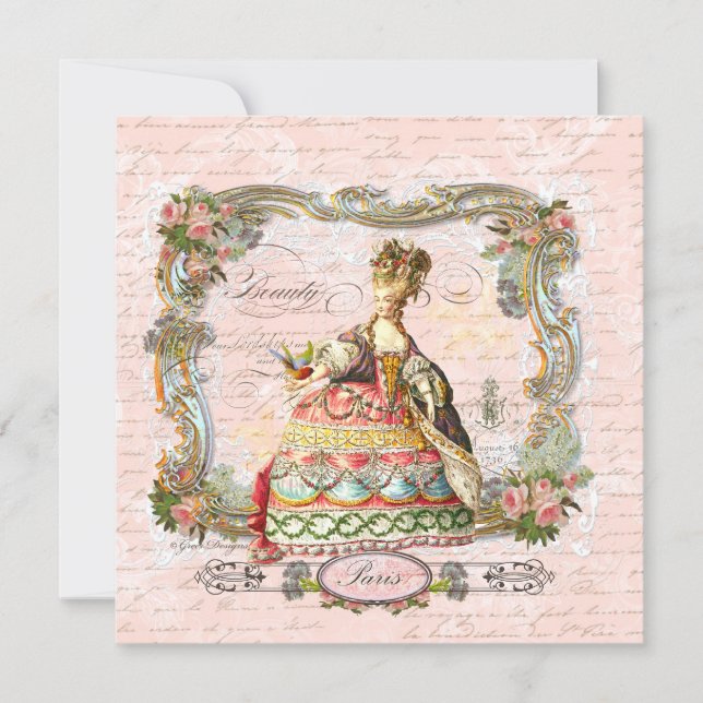 Carte Marie Antoinette Script français et roses roses ro (Devant)