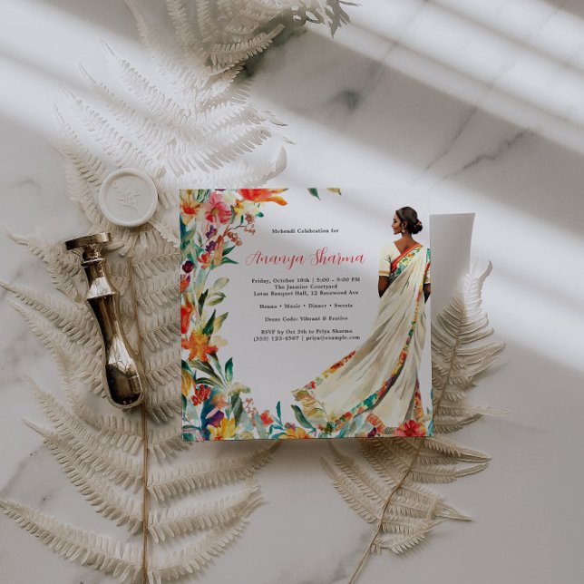 Carte Mariée indienne à Saree | Fête Florale Mehendi (Créateur téléchargé)