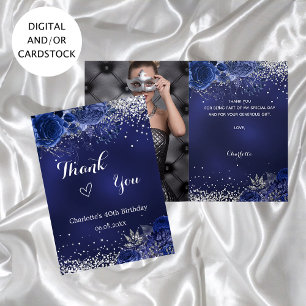 Carte Marine bleu argent photo floral anniversaire merci