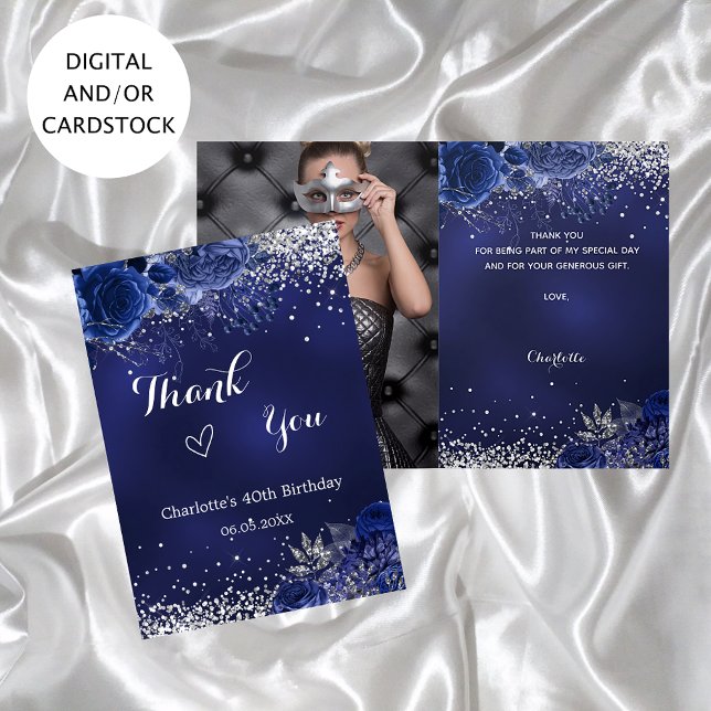 Carte Marine bleu argent photo floral anniversaire merci (Créateur téléchargé)