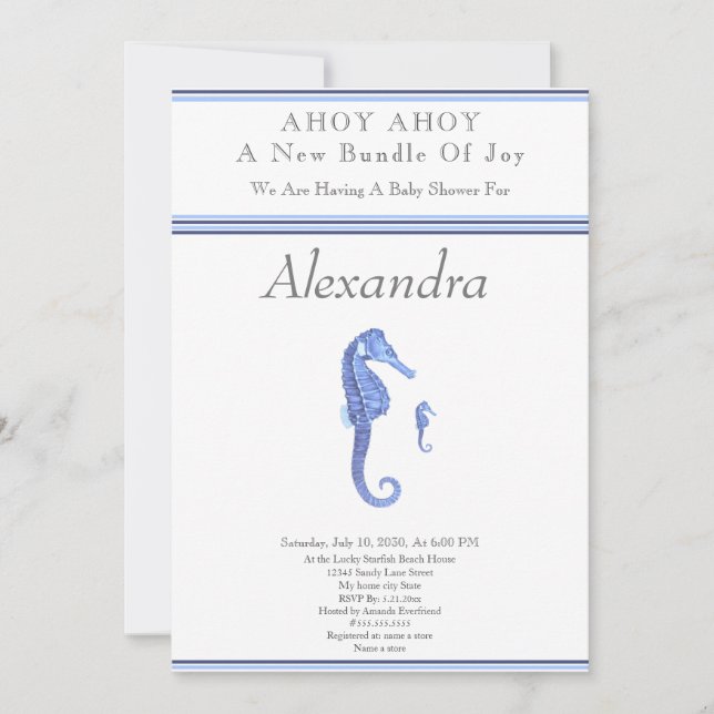Carte Marine Blue Seahorse Ahoy c'est un Baby shower gar (Devant)