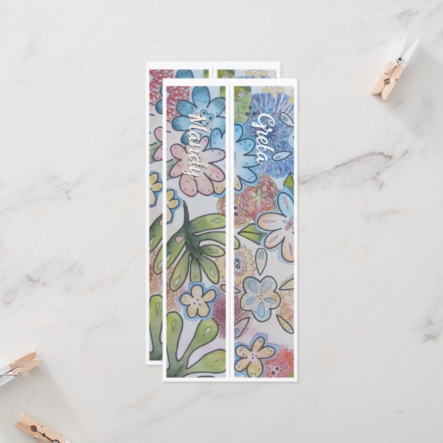 Carte Marque-page double floral fantaisiste avec nom per (Devant/Arrière en situation)