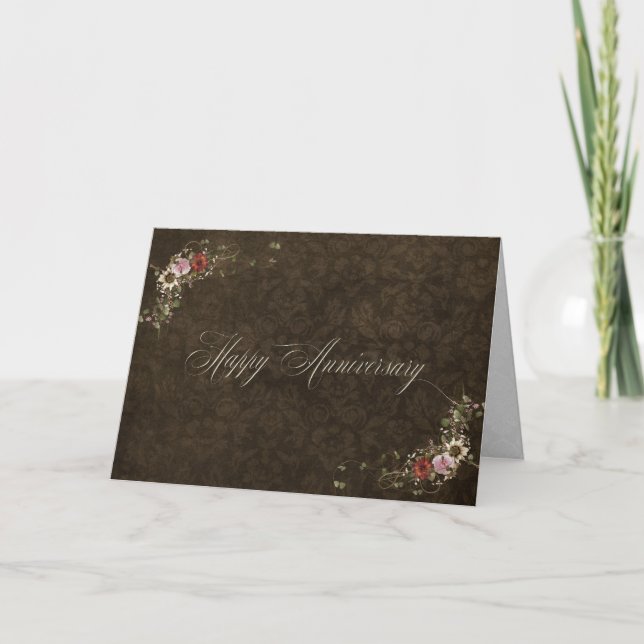 Carte marron anniversaire damas et bouquet (Devant)