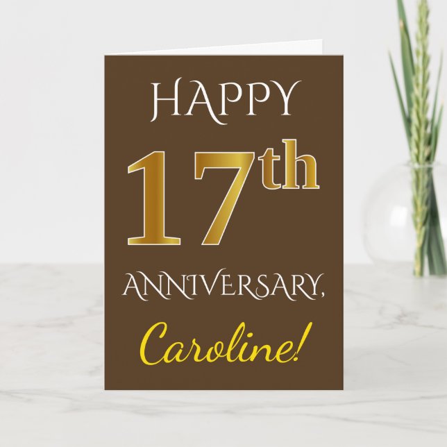 Carte Marron, Or Faux 17e Anniversaire de Mariage + Nom (Devant)