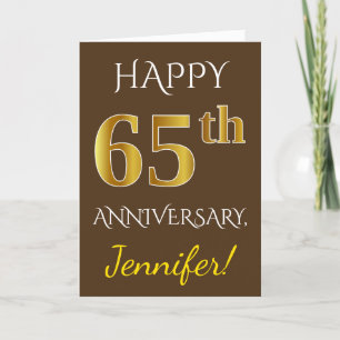 Carte Marron, Or Faux 65e Anniversaire de Mariage + Nom