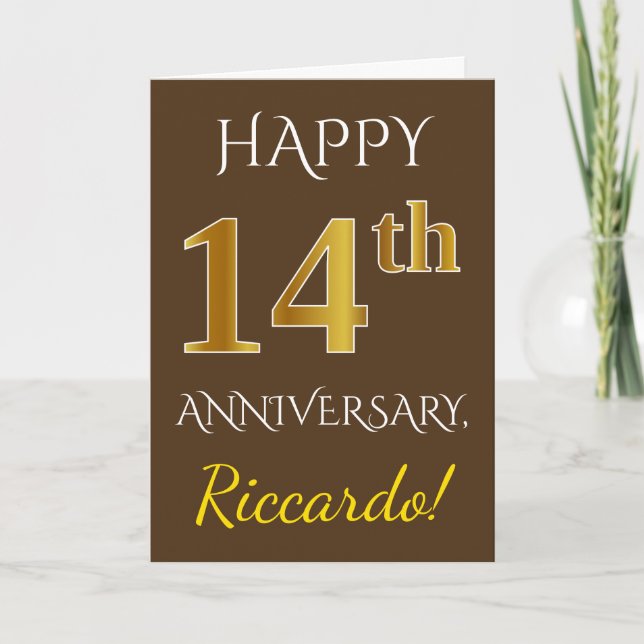 Carte Marron, Or Imitation 14e Anniversaire de Mariage + (Devant)