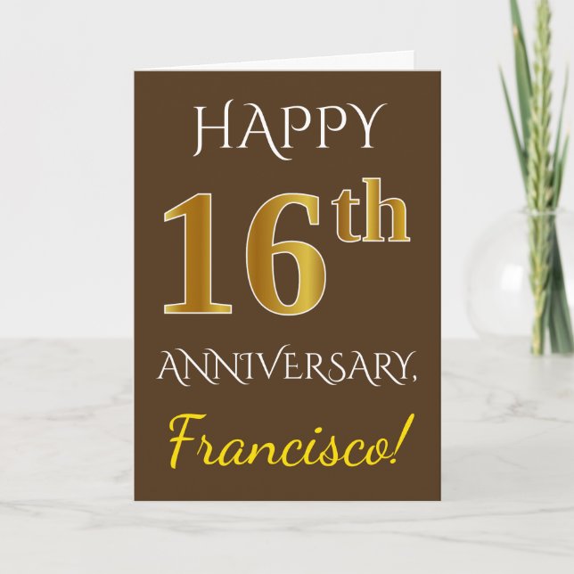 Carte Marron, Or Imitation 16e Anniversaire de Mariage + (Devant)